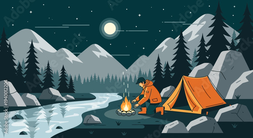 Camping by a mountain river at night under the moon, with a tent and campfire