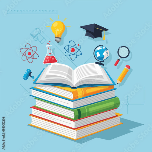 Colorful illustrated image of books, atoms, and other educational icons