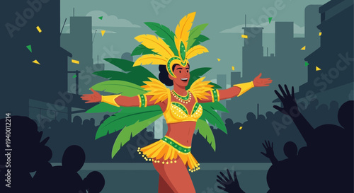 Carnival Dancer in Costume Celebrates with Crowd and Cityscape Background
