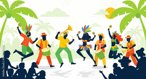 Carnival dancers and musicians celebrate with vibrant costumes and palm trees