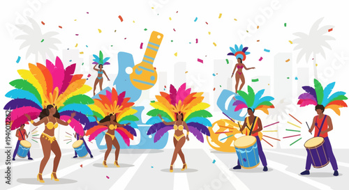 Carnival Dancers and Drummers with Colorful Feathers and Confetti