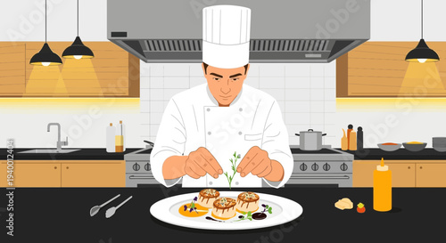 Chef garnishing gourmet dessert plate in professional kitchen