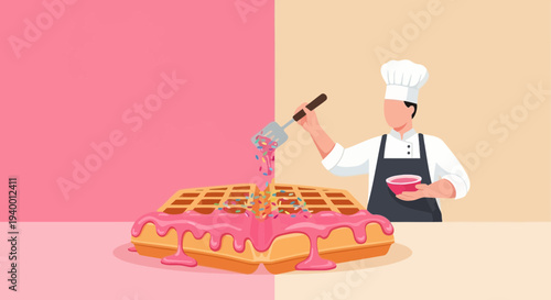 Chef decorating a giant waffle with pink frosting and sprinkles, pink background