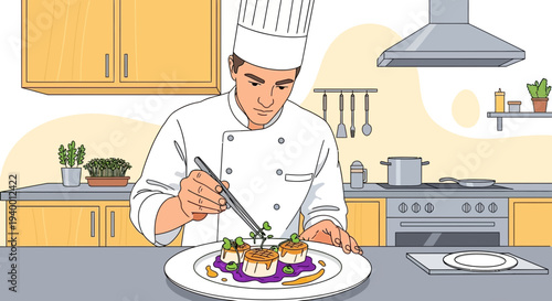 Chef meticulously garnishing gourmet seafood dish with herbs in a professional kitchen setting.