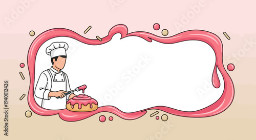 Chef Decorating Cake with Pink Frosting and Sprinkles, Bakery Concept