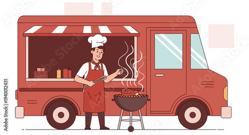 Chef grilling food at a red food truck, street food vendor preparing barbecue