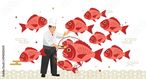 Chef preparing fresh red snapper fish for meal, surrounded by a school of fish