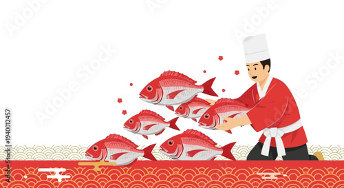 Chef presenting fresh red snapper fish catch, Japanese style, seafood market concept