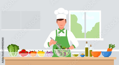 Chef preparing fresh salad in modern kitchen, healthy food ingredients on counter