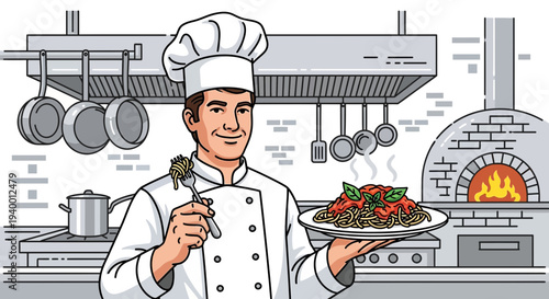 Chef proudly presents delicious spaghetti with tomato sauce in a professional kitchen