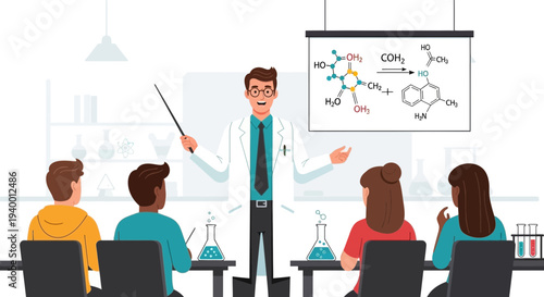 Chemistry Teacher Explaining Chemical Reaction to Students in Classroom