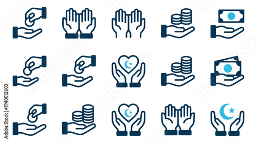 Vector Line Icons of Islamic Charity and Donation - Hands Holding Coins, Banknotes, Crescent Moon and Heart for Zakat and Alms Giving
