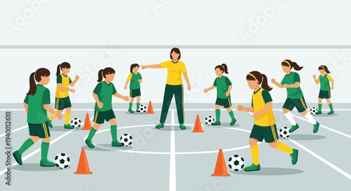 Children soccer training, coach instructing young players on indoor field with cones
