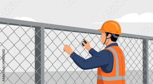 Construction worker inspecting chain link fence with measuring tool, safety vest and hard hat