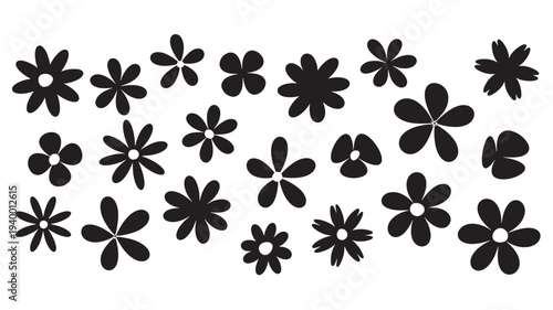 Flowers black silhouette set with simple rounded petals and some with a circular center on a white background