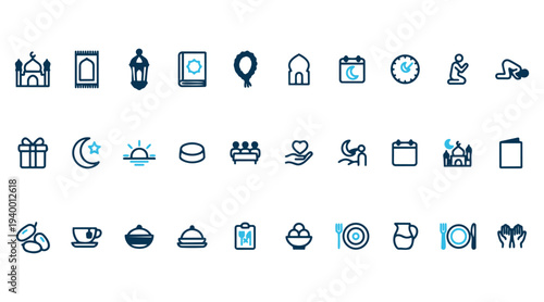 Islamic Ramadan and Eid Mubarak Solid Icon Set Featuring Mosque Lantern and Traditional Symbols