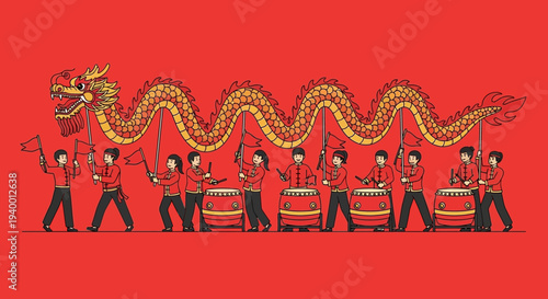 Chinese Dragon Dance Performance with Drummers and Flags on Red Background
