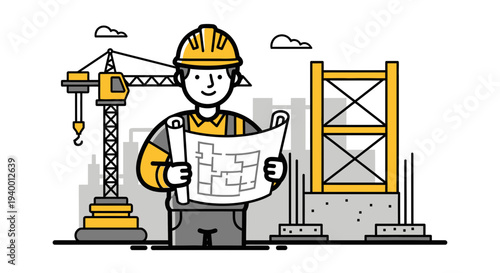 Construction worker with blueprints at building site with crane and scaffolding