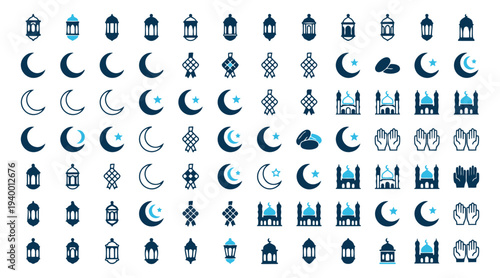 Islamic Religious Icon Set for Ramadan and Eid Mubarak with Lanterns Moons and Mosques