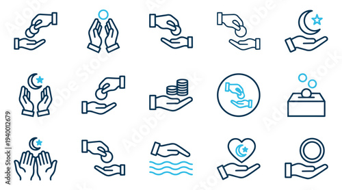 Set of Outline Icons for Islamic Charity, Zakat and Donation - Hands Exchanging Money, Crescent Moon and Star Symbols for Religious Giving