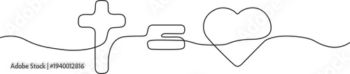 Illustration of continuous line drawing of cross equals heart symbol