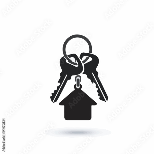 A black and white illustration of a house key with a house-shaped keychain attached to a ring