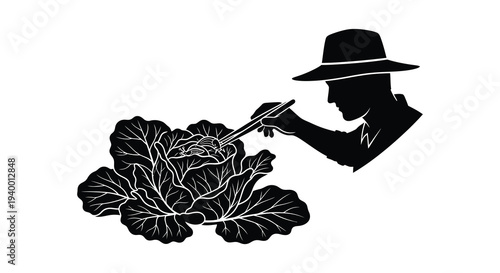 A striking black silhouette depicts a man with a hat examining a large cabbage with chopsticks silhouette