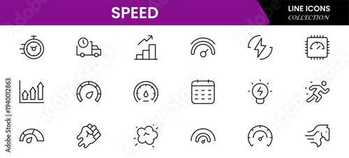 Speed and performance icon set. Containing fast, productivity, indicator, turbo, speeding and speedometer icons. Thin line icon collection. Vector illustration.