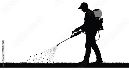 A worker spraying pesticides on a grassy area depicted in a stark black silhouette high quality professional detailed