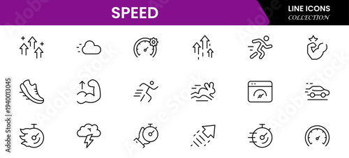 Speed and performance icon set. Containing fast, productivity, indicator, turbo, speeding and speedometer icons. Thin line icon collection. Vector illustration.