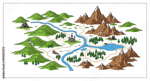Vibrant fantasy map with mountains, rivers, and castle