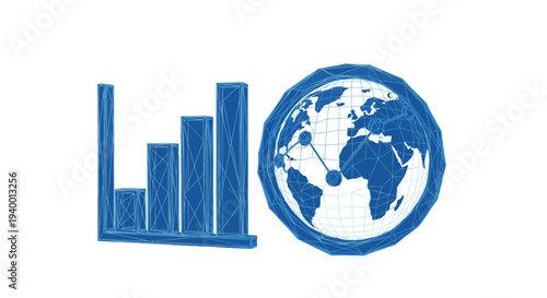 Blue low poly bar chart and global network icon illustrating worldwide business growth, data analysis, international connectivity, and digital trends.