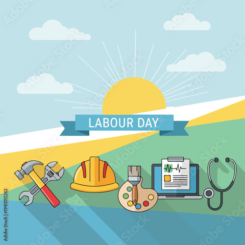 Colorful illustration celebrating work, featuring tools and medical supplies