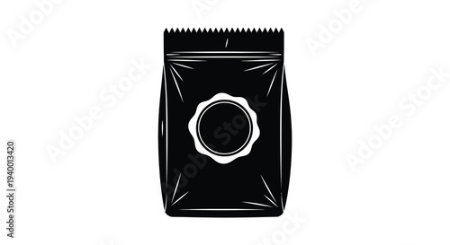 A stark black silhouette of a sealed plastic pouch with a circular emblem showcasing a modern design silhouette