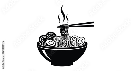 A striking black and white illustration depicts a bowl of ramen with chopsticks and steam presented as a silhouette