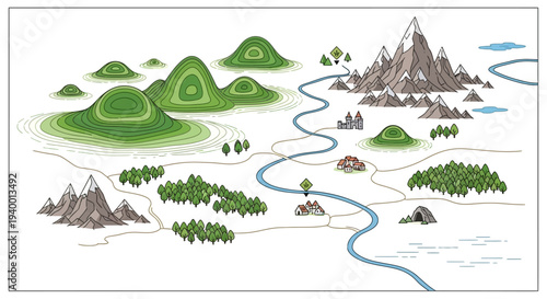 Vibrant fantasy landscape with rolling hills, mountains, and winding river