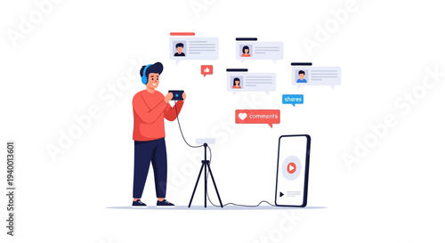 A person creating digital content with a smartphone and camera equipment in a studio setting