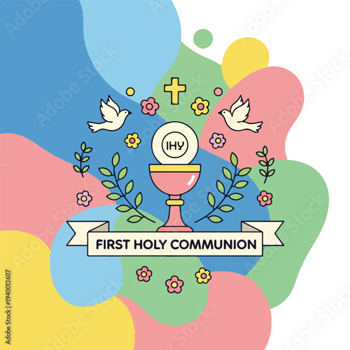 Colorful illustration for First Holy Communion with chalice and doves