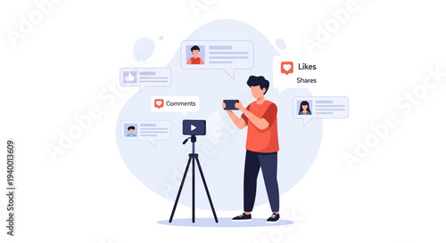 A man stands in front of a camera on a tripod, holding a smartphone with social media interactions displayed around him, in a minimalist studio setting, viewed from the side.