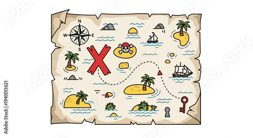Vintage treasure map with pirate symbols and navigation elements