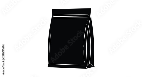 A stark black silhouette of a stand up pouch likely for food or product packaging is prominently displayed