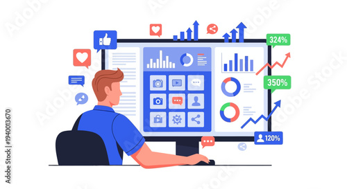 Man analyzing data on a large computer screen with various charts and graphs in a modern office environment