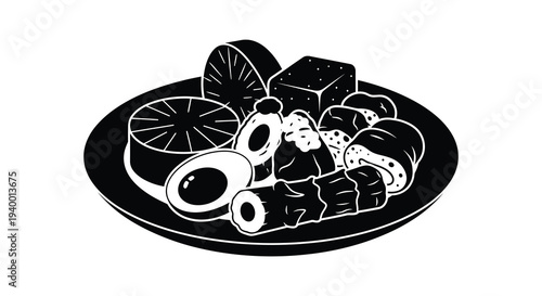 A striking black and white illustration depicts a selection of seafood and citrus fruit on a plate silhouette