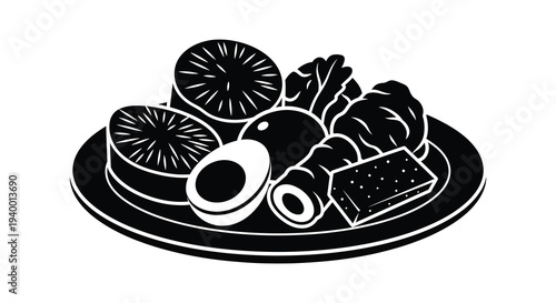 A striking black and white illustration depicts a plate of fruit eggs and bread presented as a silhouette