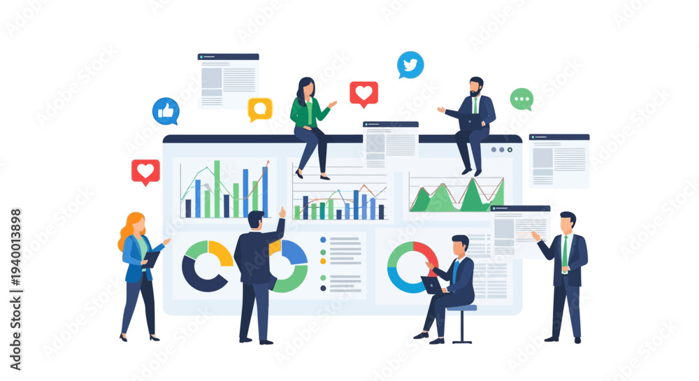 Obraz premium Professionals collaborating on data analysis in a modern office environment from a high viewpoint