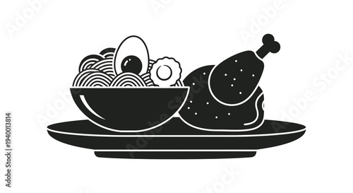 A black and white illustration depicts a plate featuring noodles a boiled egg and a chicken leg silhouette