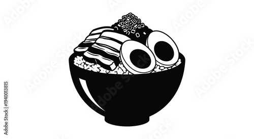 A whimsical black and white illustration of a donburi bowl with cartoon eyes evoking a playful silhouette high quality professional