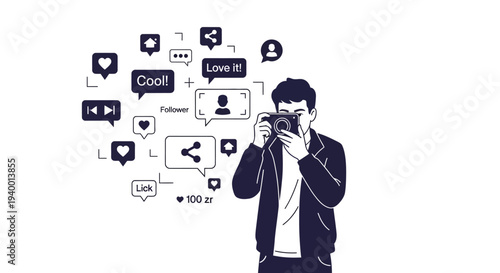 Man taking a picture with social media icons surrounding him