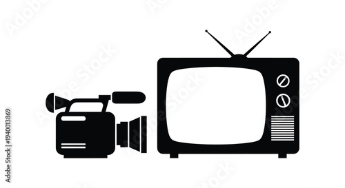 A retro television set and vintage camcorder are depicted in a stark black graphic presentation silhouette high quality