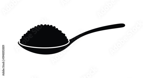 A stark black silhouette of a spoon filled with a granular substance possibly sugar or salt silhouette